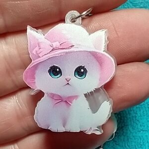 White pink kitten cat in pink hat wire dangle earrings